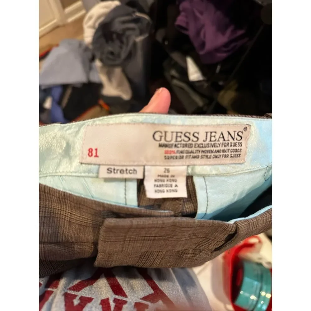 Guess Dress Pants Womens Size Small 26 Brown Plaid Stretch Wide Leg Low Rise Str